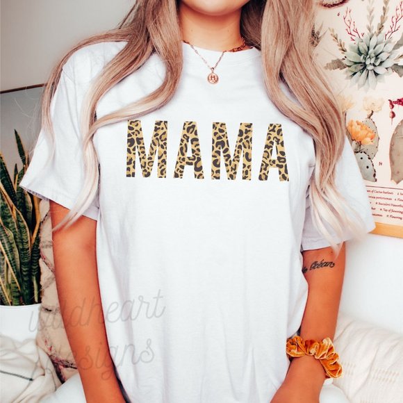 Tops - Mama Leopard Print Short Sleeve Crew Neck White Graphic T-shirt, Unisex